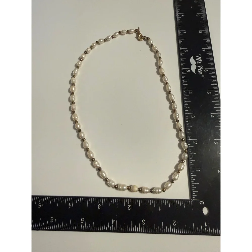 Freshwater Rice Pearl Necklace Gold Tone Spacer Beads White 16 Inch Choker